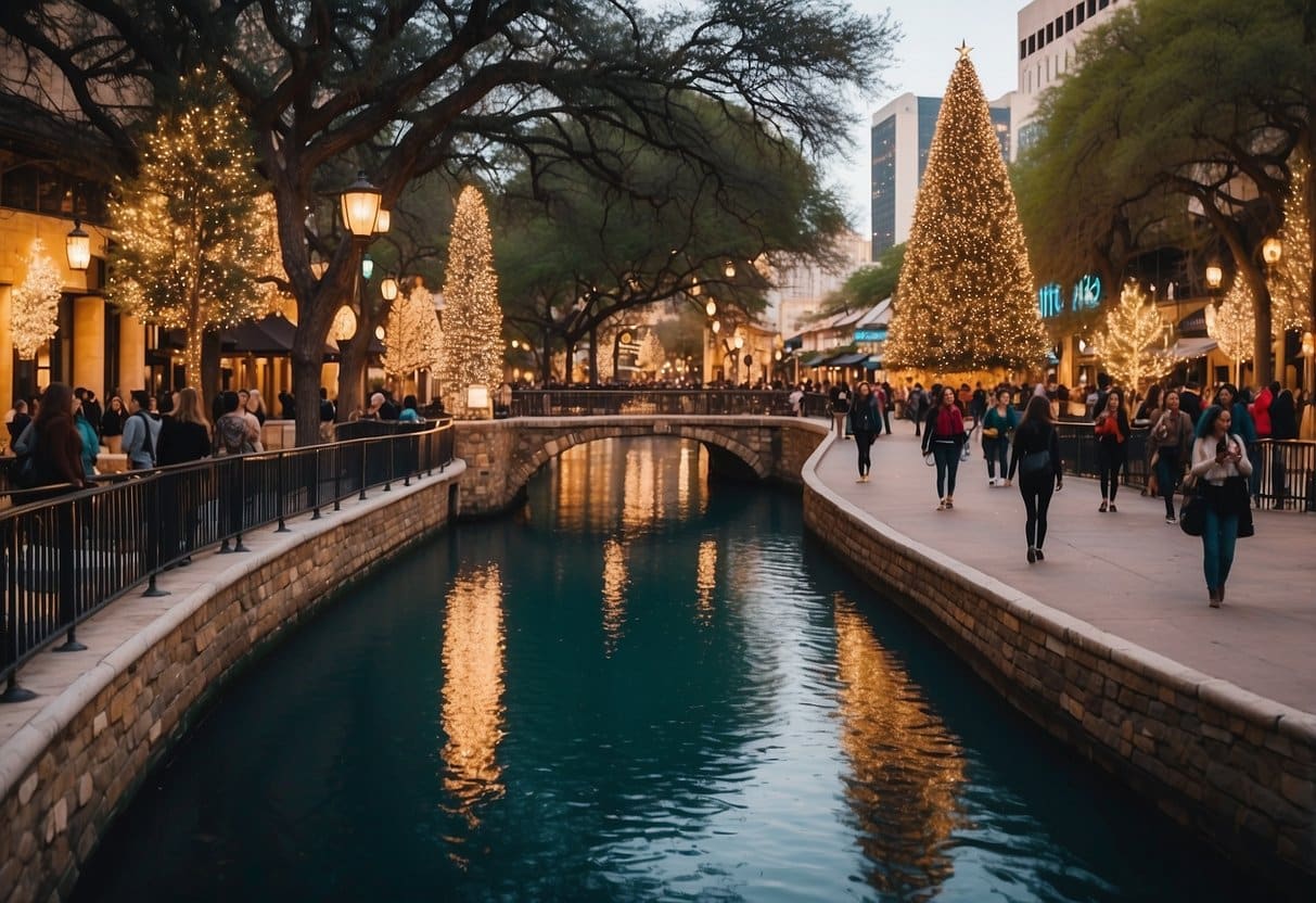 The San Antonio River Walk is adorned with festive Christmas markets, bustling with holiday cheer and twinkling lights