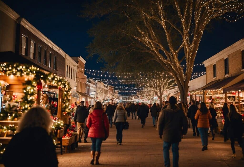 People walking down a brightly lit street adorned with Christmas lights and decorations at night, reminiscent of the lively atmosphere found at the Top 10 Christmas Markets in Texas, with shops on either side.