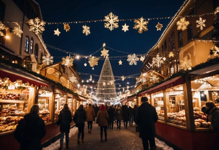 People walk through a festive Christmas market at night, with illuminated snowflakes and a large Christmas tree in the background. Booths line the path, selling various goods and treats. Experience one of the Top 10 Christmas Markets in Tennessee here for an unforgettable holiday evening.