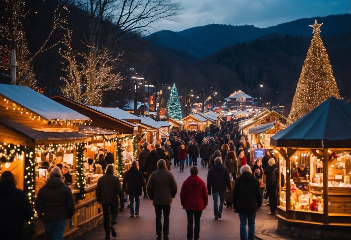 The Gatlinburg Winter Magic Festival features festive Christmas markets with twinkling lights, holiday decorations, and cheerful vendors selling handmade gifts and treats