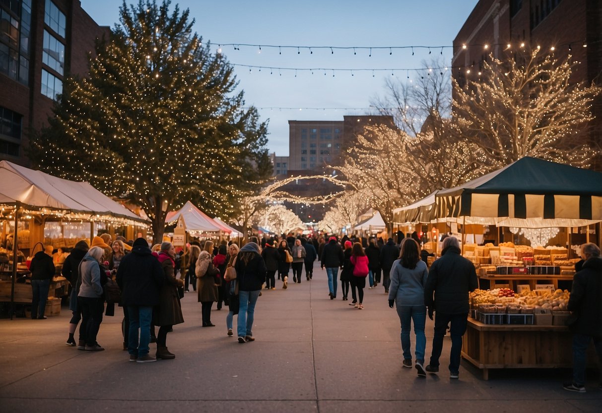 A bustling holiday market in Memphis, Tennessee with festive decorations, twinkling lights, and a variety of vendors selling gifts and treats