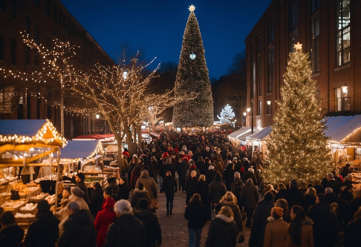 A festive Christmas market in Tennessee with colorful stalls, twinkling lights, and bustling crowds. A giant Christmas tree stands in the center, surrounded by vendors selling handmade crafts and delicious treats