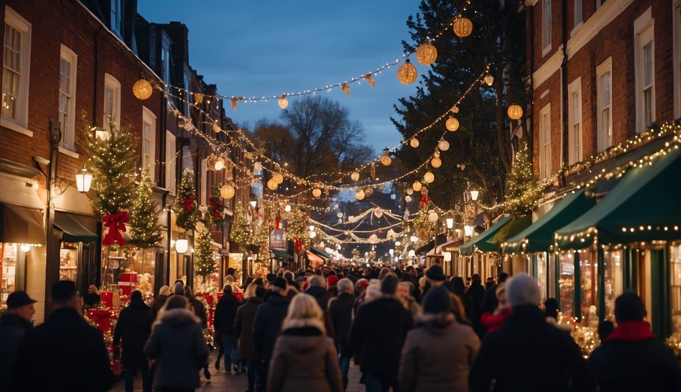 A bustling Victorian street fair with festive decorations, carolers, and families enjoying holiday activities