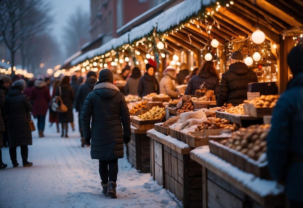 People in winter coats browse a festive outdoor market with wooden stalls selling various goods, decorated with string lights, in a snowy setting—one of the Top 10 Christmas Markets in South Dakota.