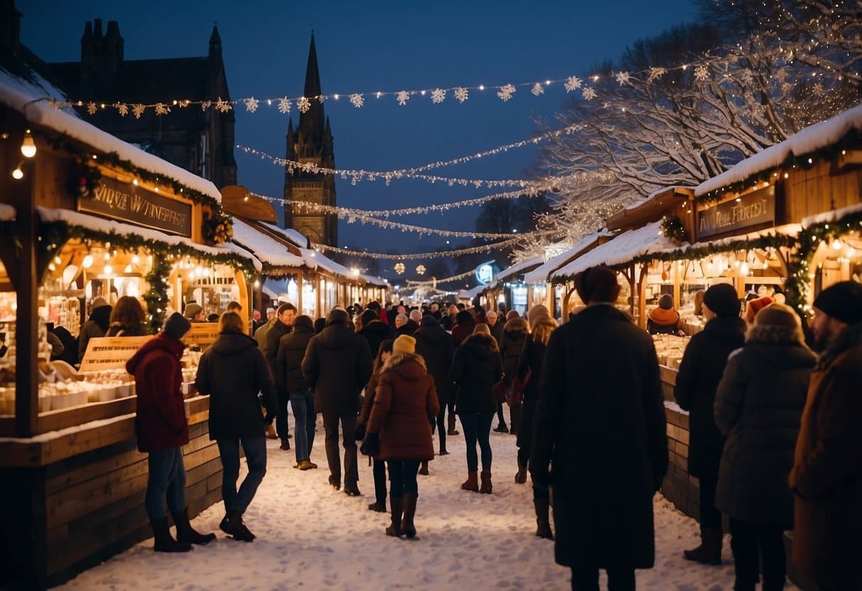 The Aberdeen Winterfest Christmas market is bustling with festive stalls, twinkling lights, and joyful carolers. Snowflakes gently fall, creating a picturesque winter wonderland