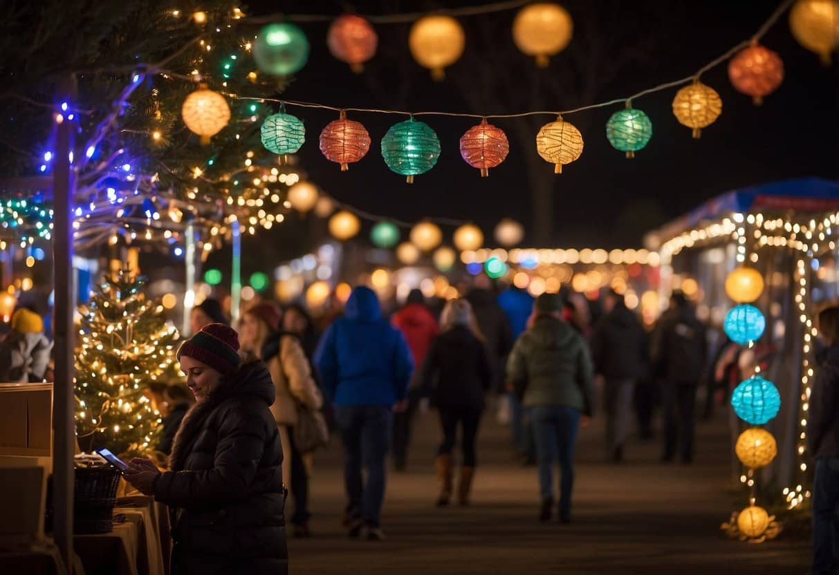 Colorful lights adorn vendor booths at Brookings Festival of Lights, showcasing local crafts and holiday treats. Crowds browse among festive decorations and enjoy live music