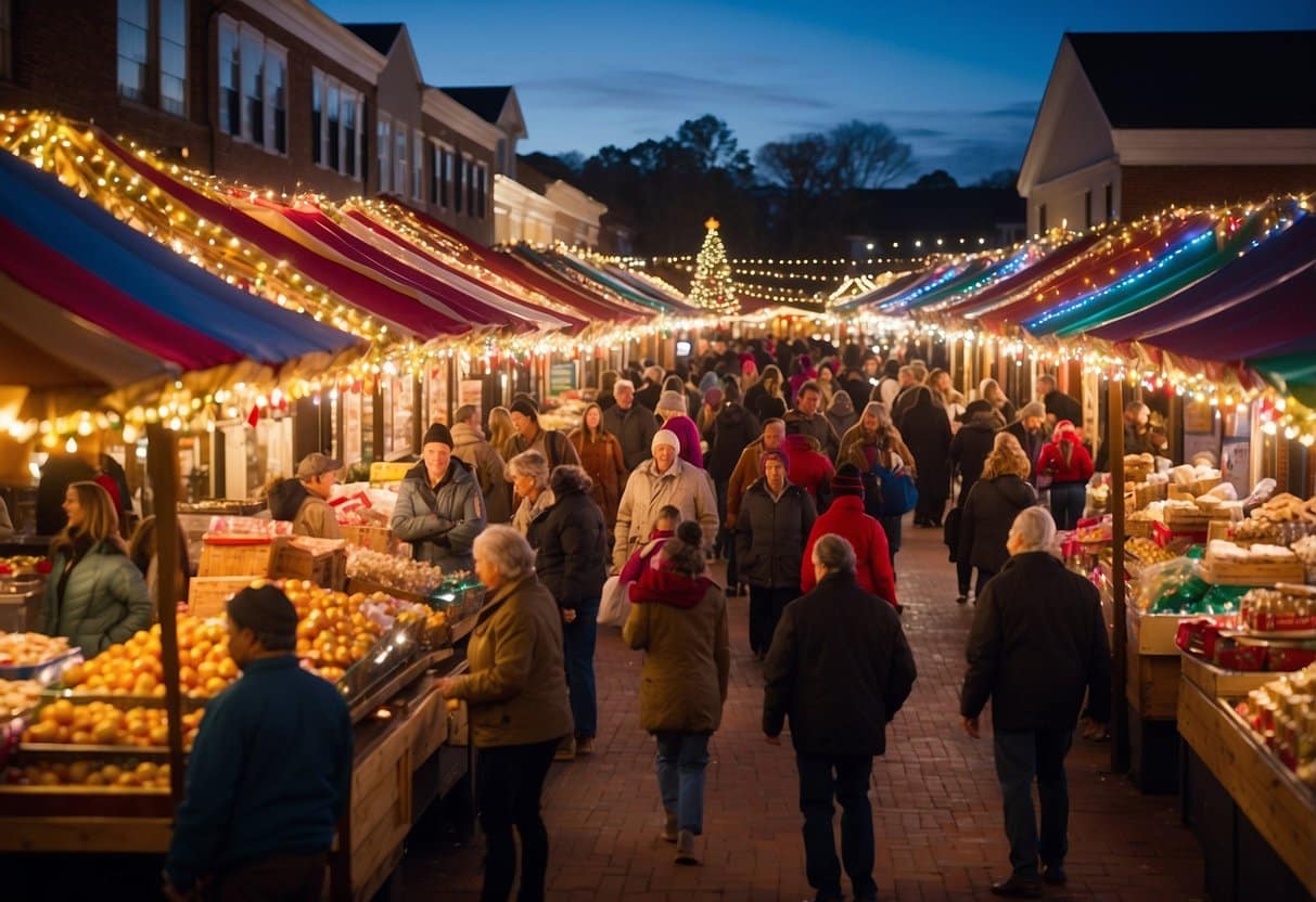 A festive scene with colorful Christmas lights illuminating a bustling market in South Carolina, featuring vendors selling holiday goodies and cheerful visitors enjoying the holiday spirit