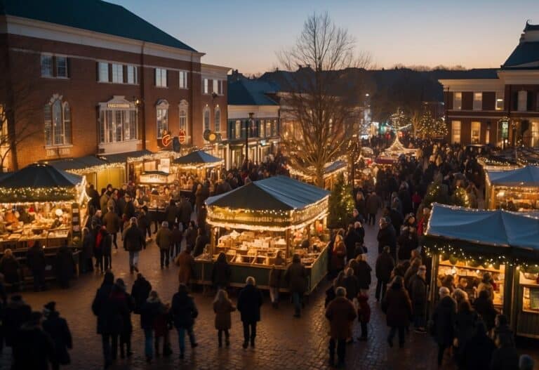 A bustling outdoor holiday market at dusk, with people browsing stalls decorated with lights, situated between brick buildings, earns its spot among the Top 10 Christmas Markets in South Carolina.