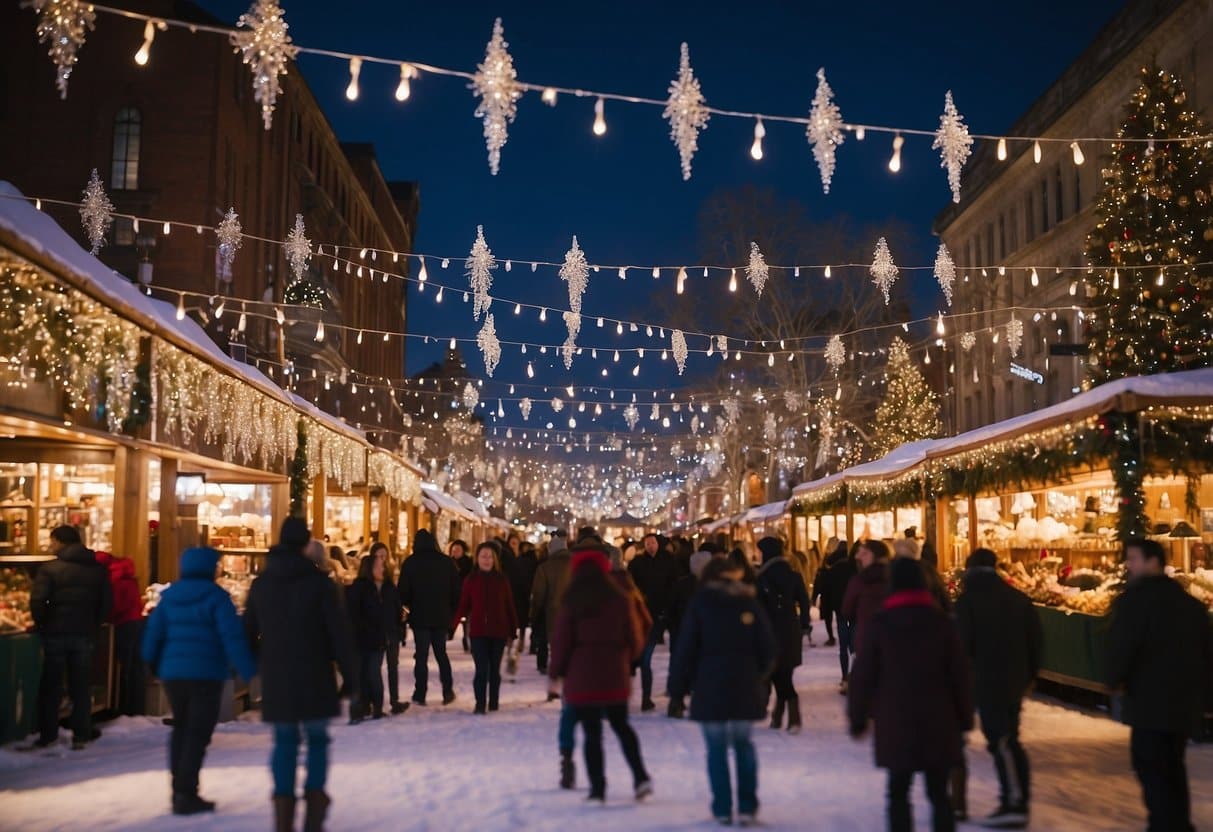 A bustling ice rink surrounded by festive market stalls on Columbia's Main Street. Twinkling lights and holiday decorations create a merry atmosphere