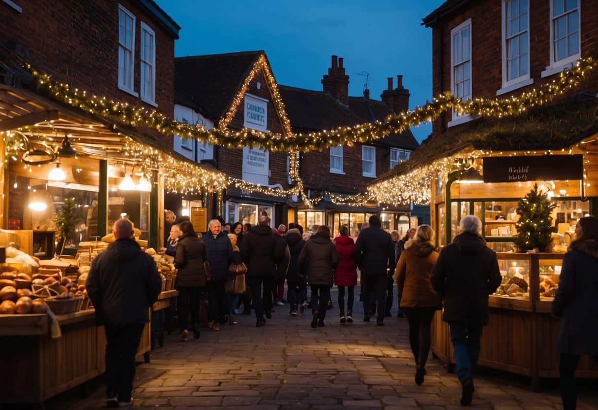 Wickford Village glows with festive lights, as stalls offer handmade crafts and seasonal treats. Visitors stroll through the market, enjoying the holiday atmosphere