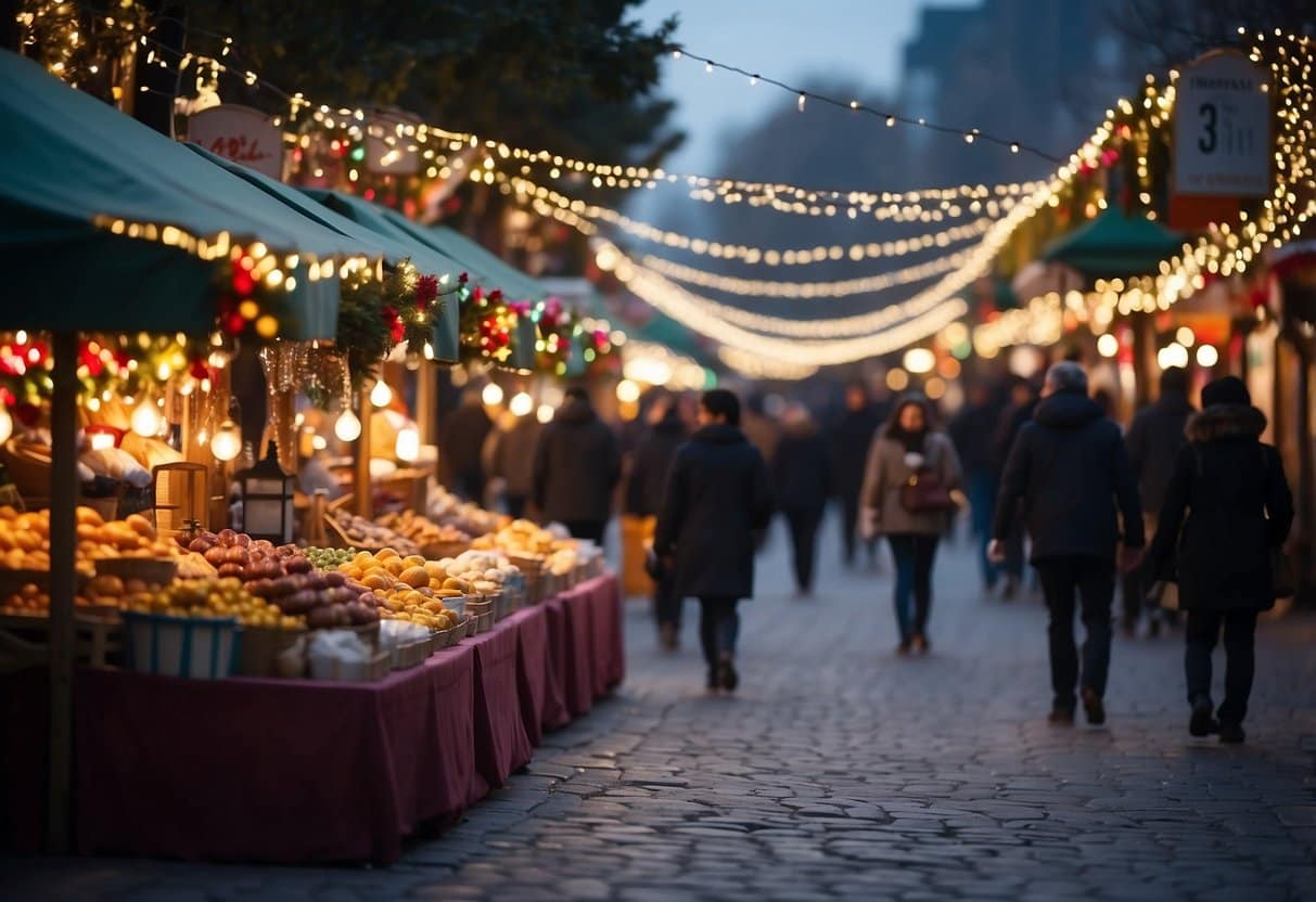 A festive scene with colorful stalls selling crafts and treats, surrounded by twinkling lights and bustling with holiday shoppers