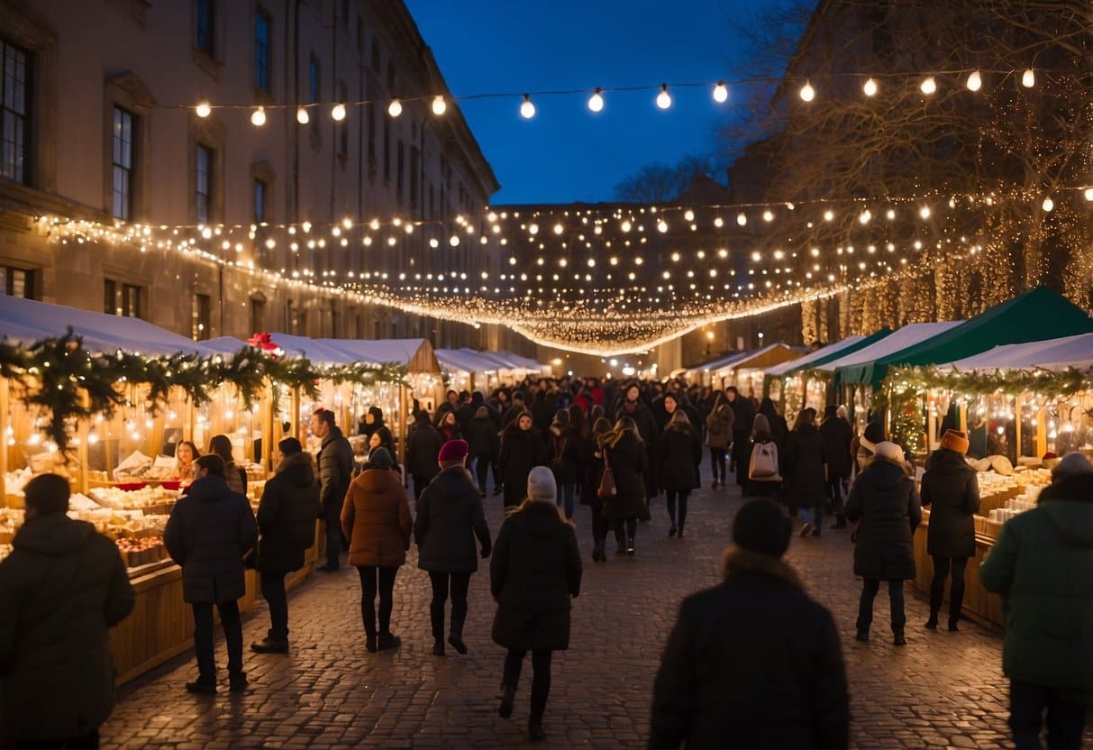 The holiday bazaar bustles with festive energy, as vendors display handmade crafts and delicious treats. Twinkling lights adorn the historic buildings, creating a cozy and enchanting atmosphere