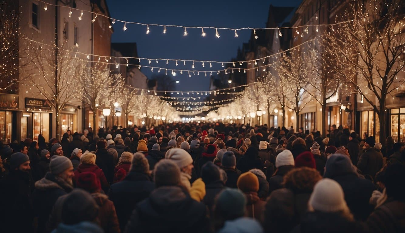 Crowds gather in a quaint town square, adorned with twinkling lights and festive decorations. The air is filled with the sound of joyful caroling and the scent of hot cocoa and roasted chestnuts