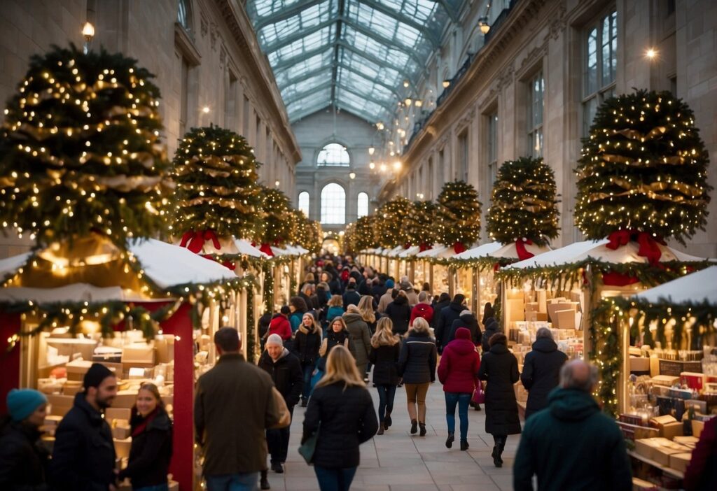 A bustling indoor market hall with people shopping at festively decorated stalls, this is one of the Top 10 Christmas Markets in Rhode Island. The space is adorned with Christmas trees and string lights under a glass ceiling.