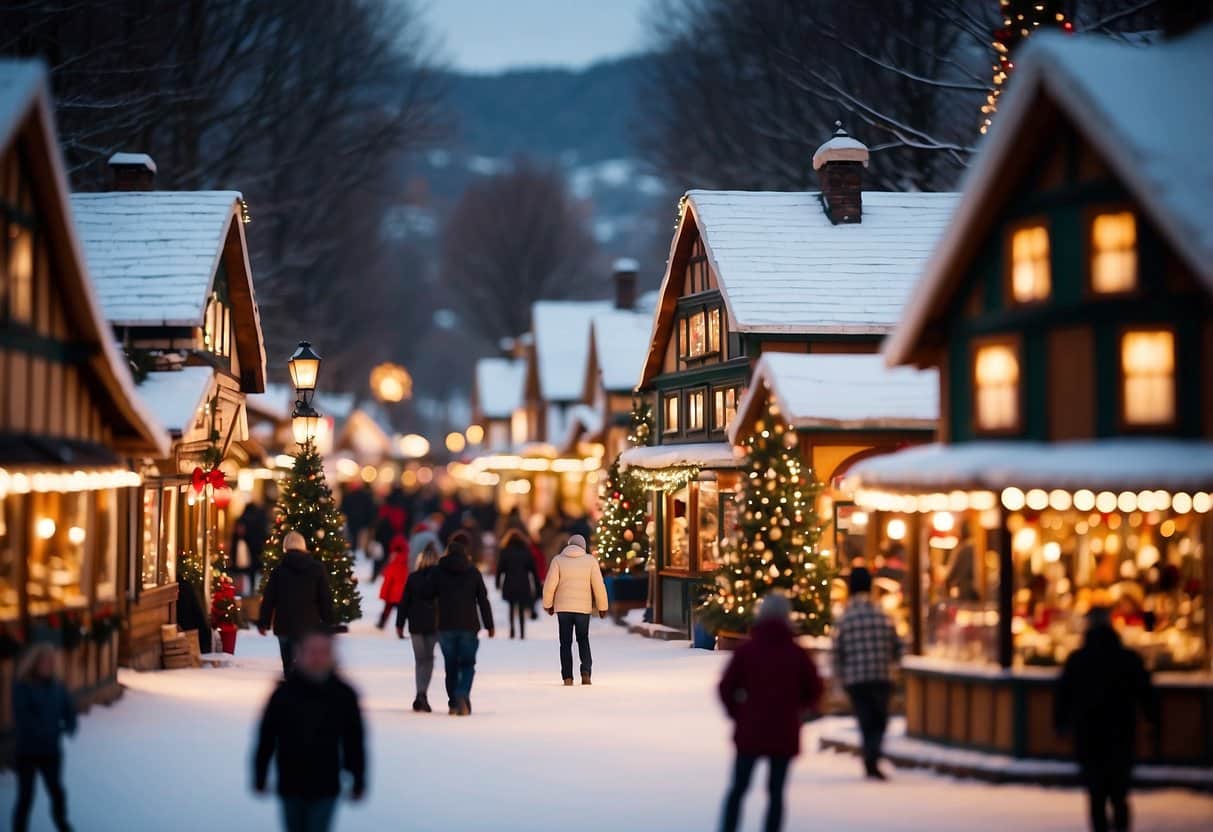 A festive Christmas village with colorful stalls and twinkling lights, surrounded by snow-covered trees and bustling with holiday shoppers