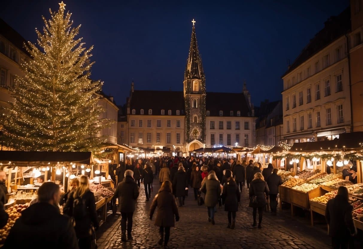 A festive market with colorful stalls, twinkling lights, and a towering Christmas tree. The aroma of mulled wine and roasted nuts fills the air as visitors browse handmade crafts and festive gifts