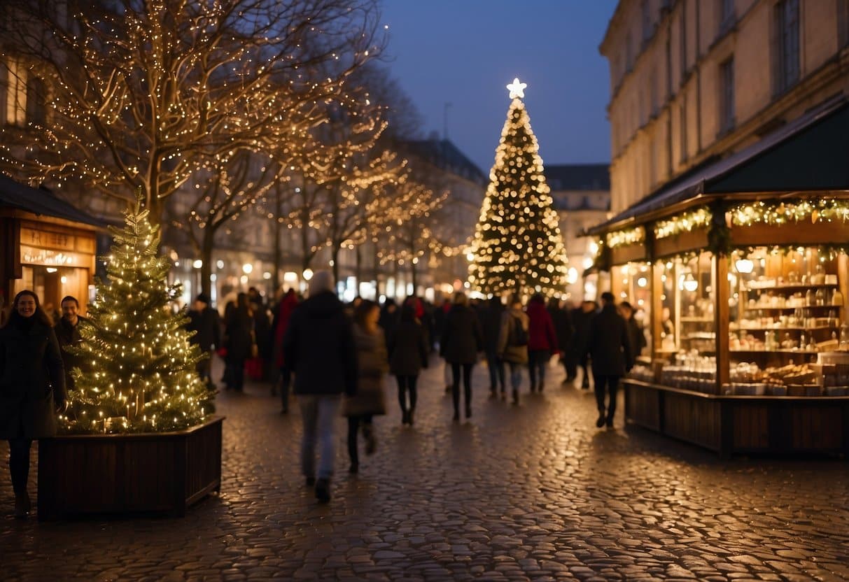 Colorful stalls line cobblestone streets, adorned with twinkling lights and festive decorations. A towering Christmas tree serves as the centerpiece, surrounded by joyful shoppers and the scent of mulled wine and roasted nuts