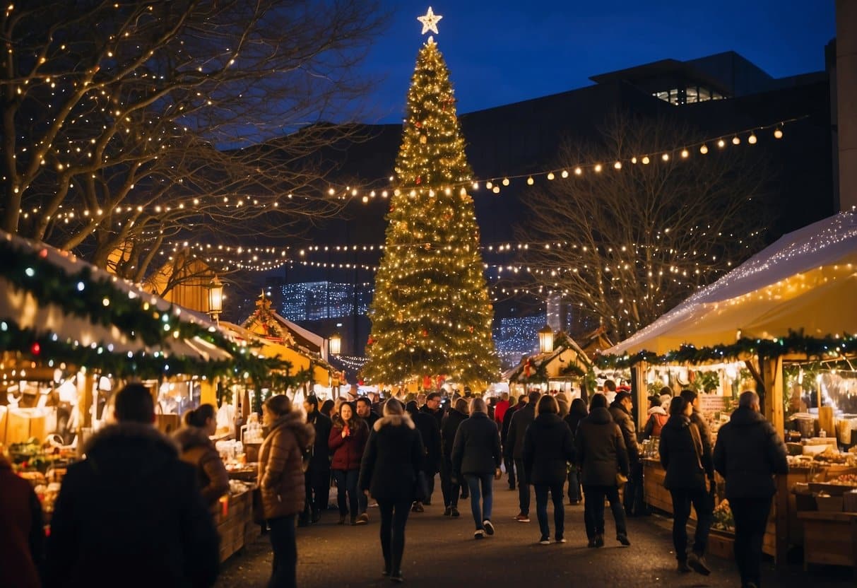 The Portland Christmas Market is bustling with festive stalls, twinkling lights, and joyful carolers. A towering Christmas tree stands at the center, surrounded by vendors selling handcrafted gifts and delicious holiday treats