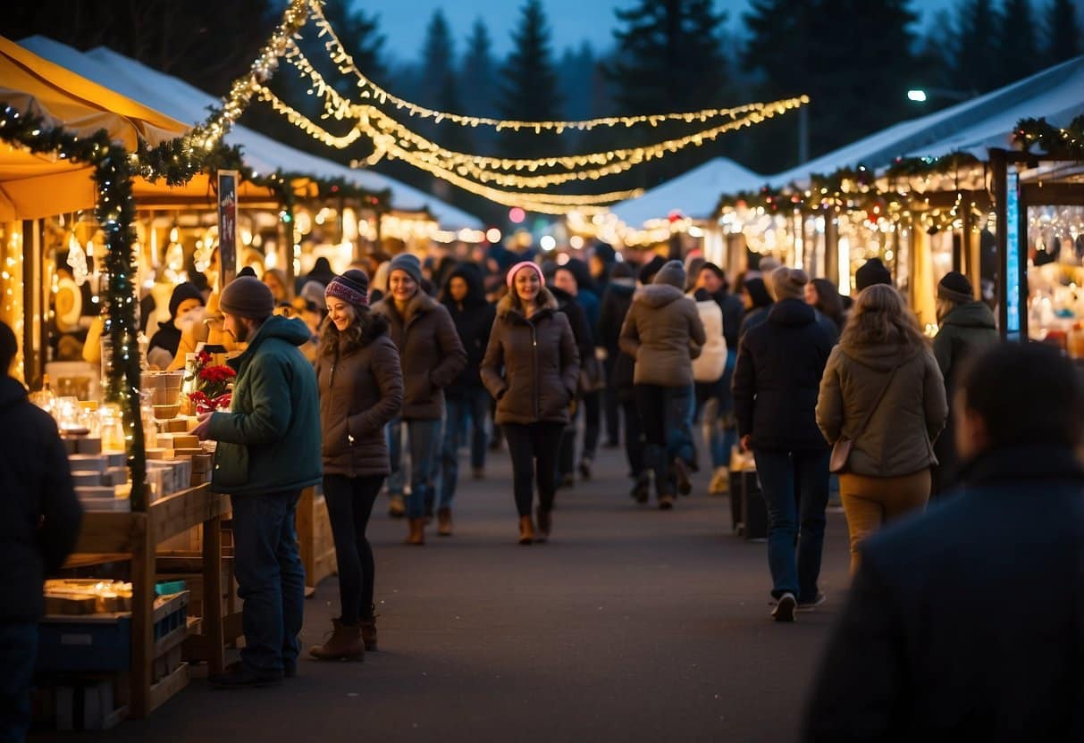 The Eugene Holiday Bazaar bustles with festive energy, as colorful stalls offer unique gifts and holiday treats. Twinkling lights and cheerful music fill the air, creating a joyful atmosphere for visitors to explore