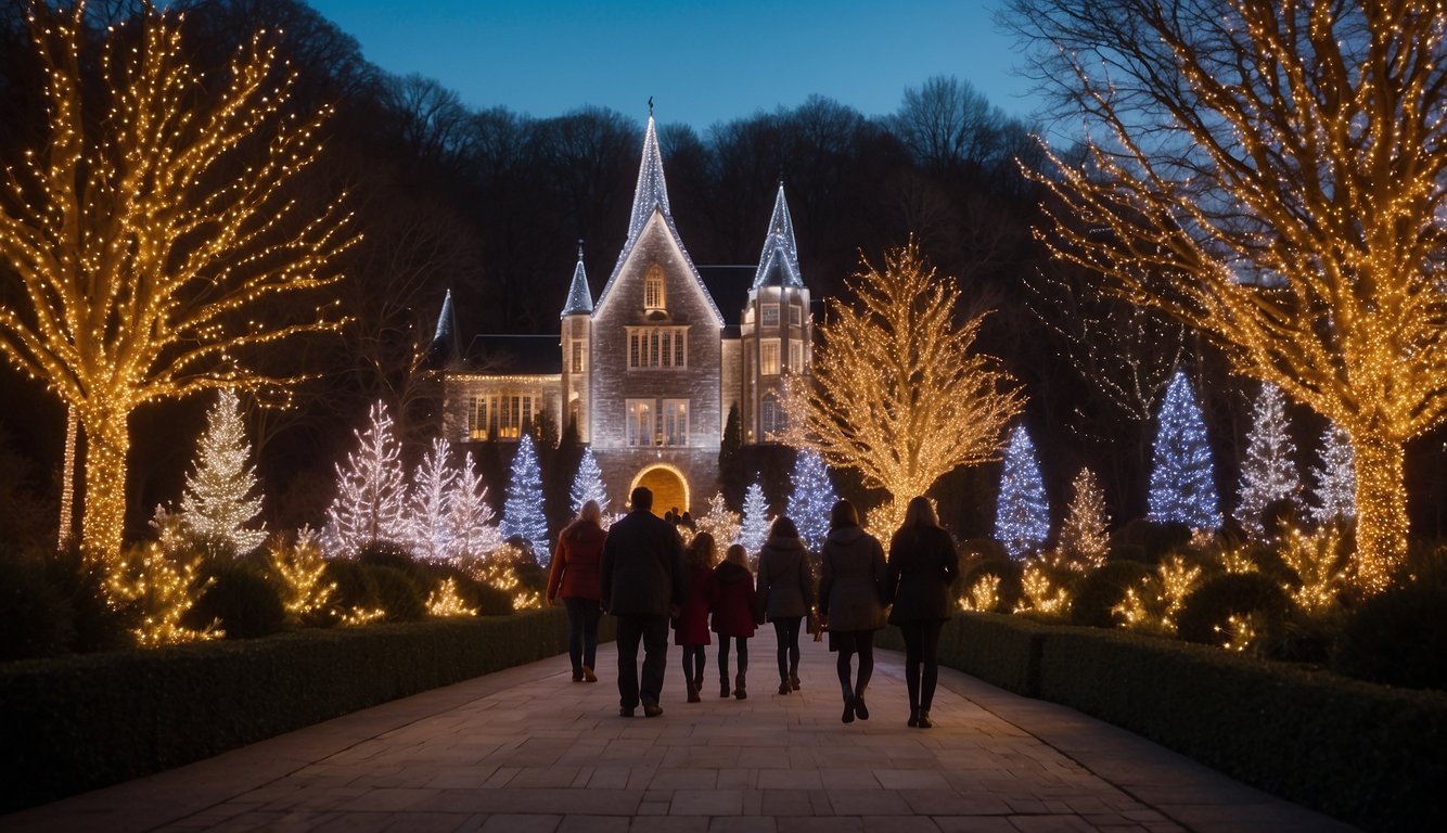 Vibrant holiday lights illuminate Cheekwood Gardens, creating a festive atmosphere. Families stroll through the twinkling displays, enjoying the Christmas festivities