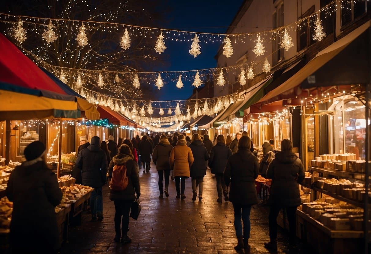 Colorful stalls line the streets, adorned with twinkling lights and festive decorations. The air is filled with the scent of hot cocoa and cinnamon as people browse for unique gifts and enjoy live music