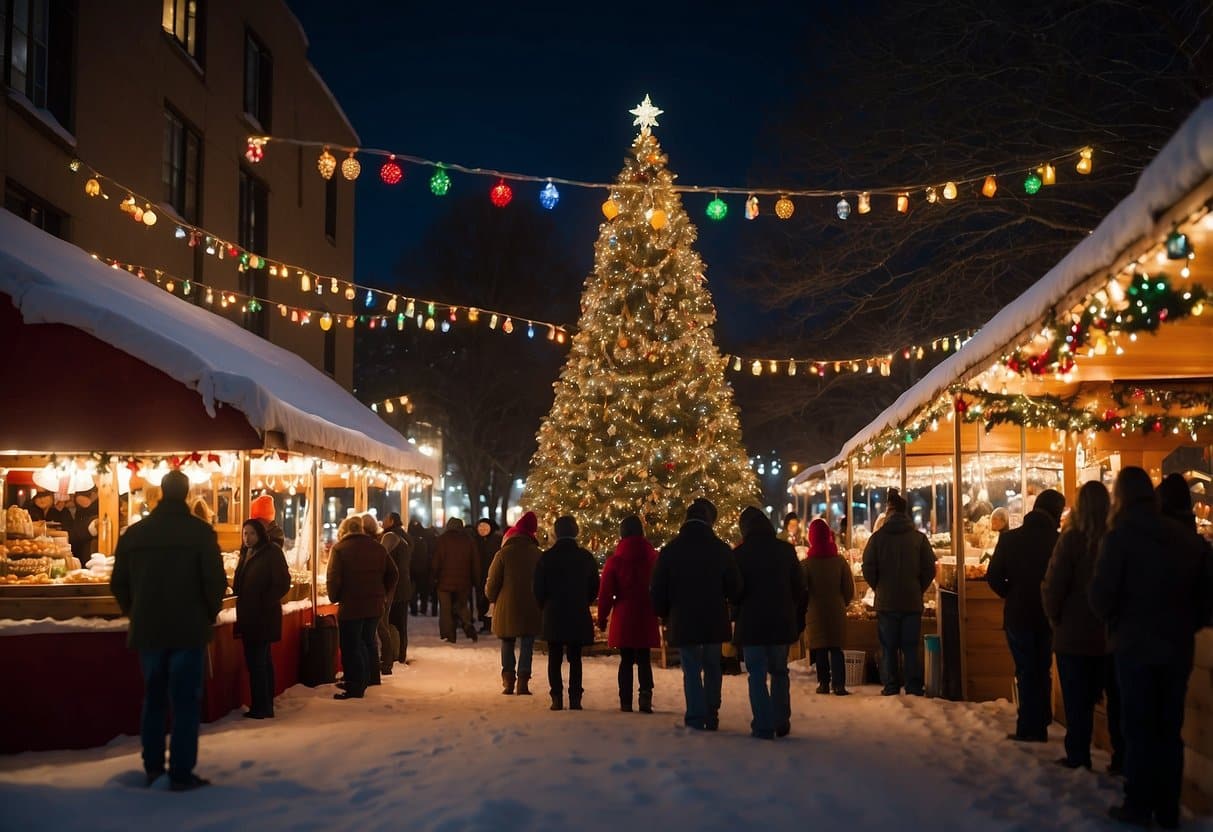 Festive lights adorn vendor stalls, while carolers sing in the background. A towering Christmas tree serves as the centerpiece, surrounded by families enjoying holiday treats and browsing for unique gifts