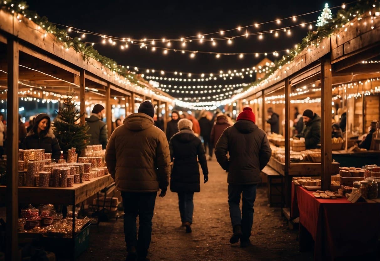 The Castle Christmas market in Muskogee, Oklahoma is bustling with holiday cheer. Vendors sell handmade gifts and festive decorations under twinkling lights. The aroma of hot cocoa and cinnamon fills the air