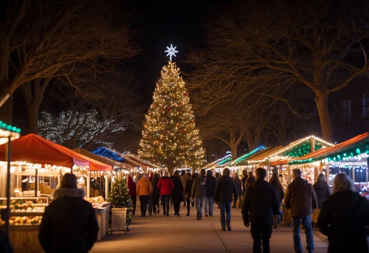 Festive lights adorn stalls selling handmade crafts and holiday treats at Christmas on Main in Jenks, Oklahoma. The scent of hot cocoa and cinnamon fills the air as families gather around a towering Christmas tree