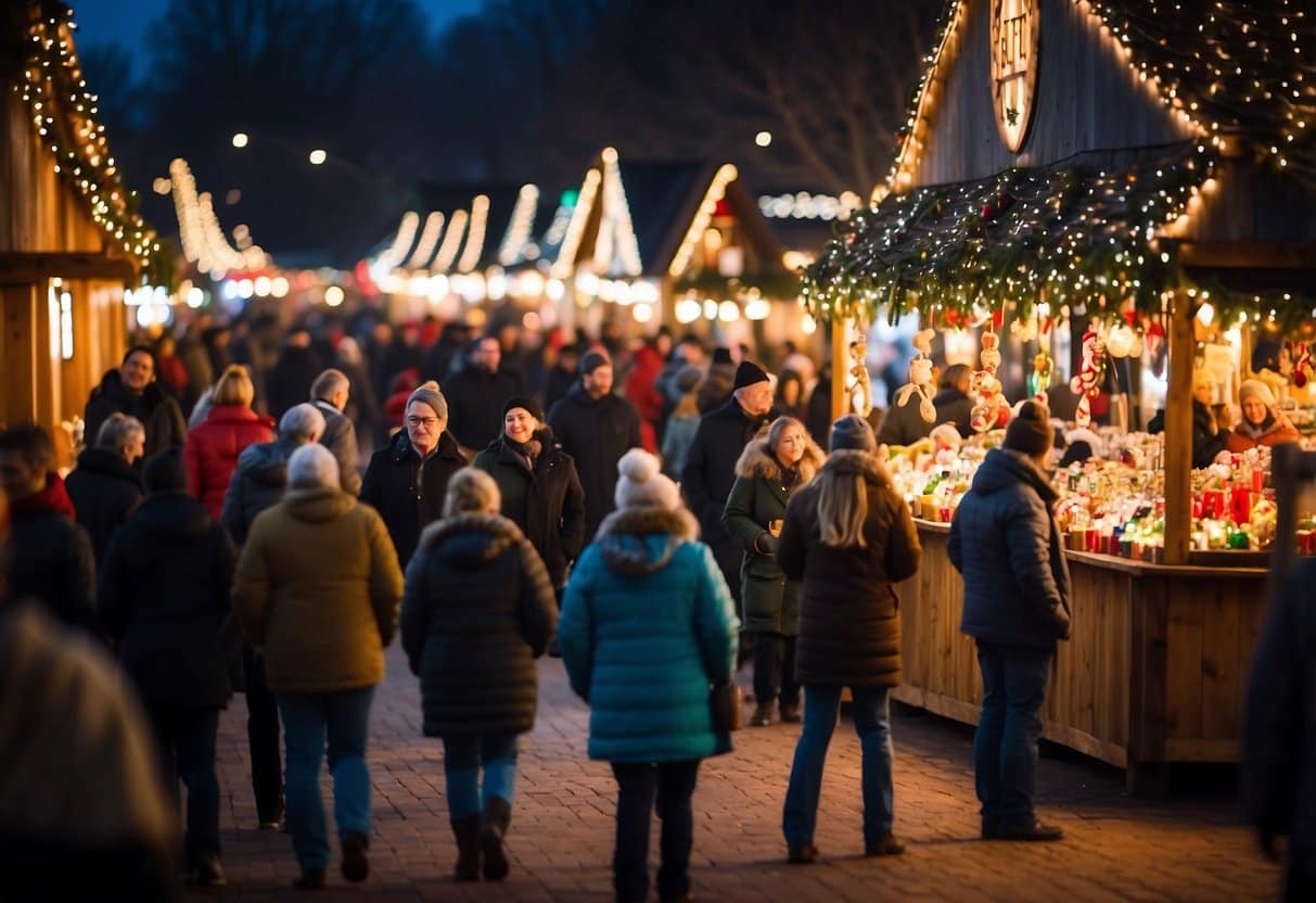 Crowds browse festive stalls at Ohio's top Christmas markets, adorned with twinkling lights and colorful decorations. Vendors sell handmade crafts, seasonal treats, and holiday gifts, creating a merry atmosphere