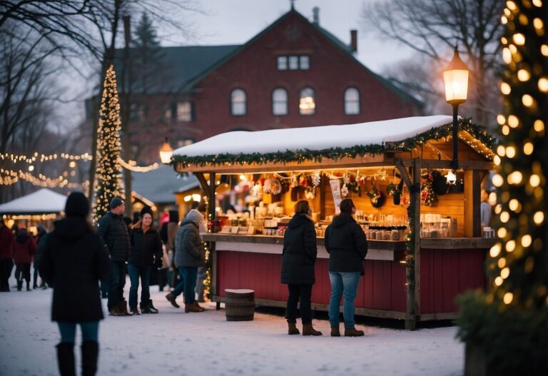 Amid a snowy evening, visitors flock to one of the Top 10 Christmas Markets in Ohio, exploring a festive stall adorned with lights and garlands against the backdrop of a historic brick building.