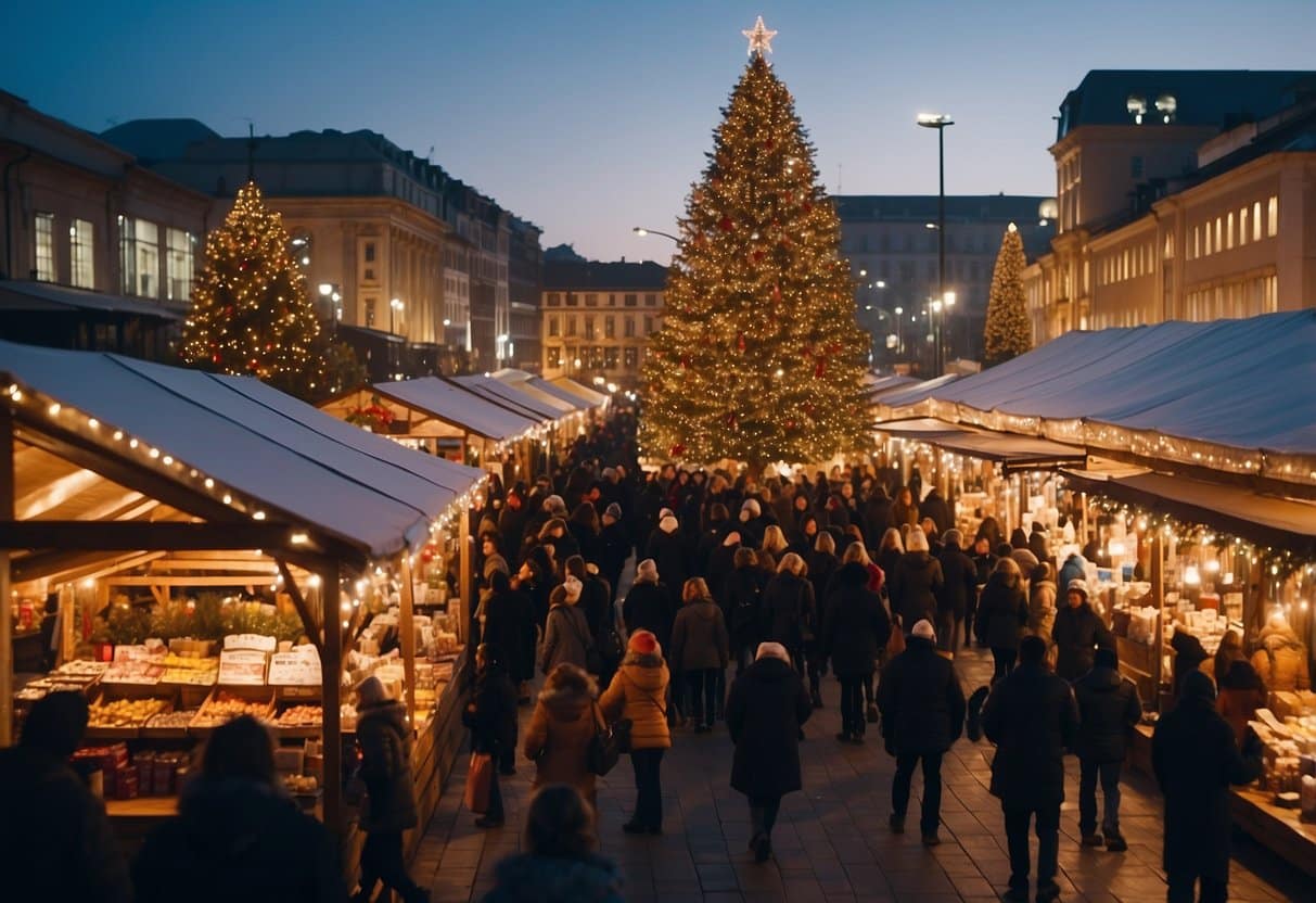 A festive market with twinkling lights, colorful stalls, and bustling crowds. A towering Christmas tree stands in the center, surrounded by vendors selling handmade gifts and delicious holiday treats