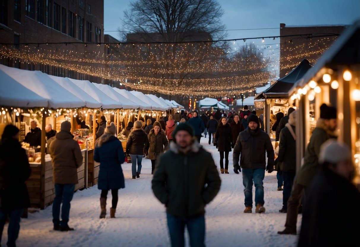 The Bismarck Downtowners Holiday Market bustles with festive activity, as vendors offer a variety of holiday goods under twinkling lights and cheerful decorations