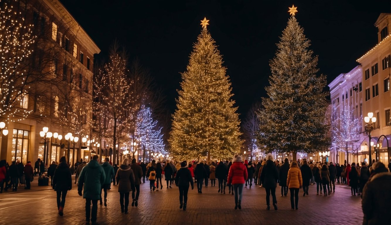 Colorful lights adorn festive buildings, while a towering Christmas tree sparkles in the center of the town square. Families stroll through the streets, enjoying holiday music and the scent of hot cocoa