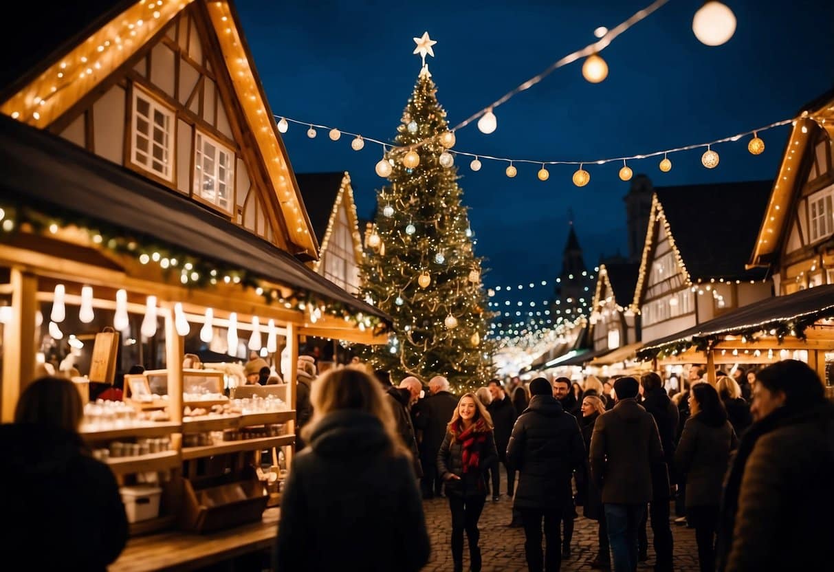 Crowds gather at the festive Christmas market, browsing through colorful stalls selling handmade crafts and delicious treats. Twinkling lights and cheerful music fill the air, creating a joyful and lively atmosphere