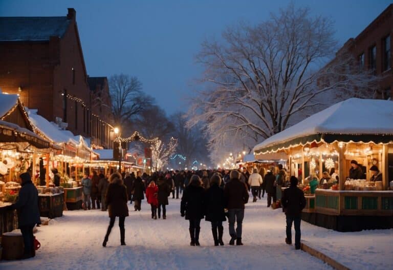 People stroll through a snowy outdoor market at dusk, lined with stalls lit by string lights. Trees and buildings are covered in snow, creating a festive winter atmosphere reminiscent of the top 10 Christmas markets in North Dakota.