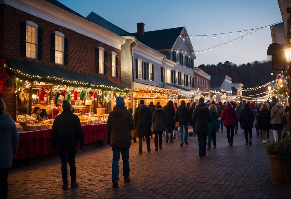 A festive scene with colorful stalls selling crafts and treats, surrounded by twinkling lights and joyful carolers in a charming North Carolina town