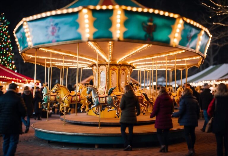 A brightly lit carousel with horses twirls at a nighttime fair, surrounded by people in winter clothing, offering the cheerful ambiance typical of the Top 10 Christmas Markets in North Carolina.