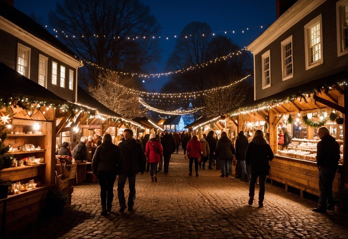 The Christmas market at Old Salem Museums & Gardens is bustling with festive activity. Vendors display their wares in quaint wooden stalls adorned with twinkling lights. The air is filled with the scent of mulled cider and roasted chestnuts, and visitors