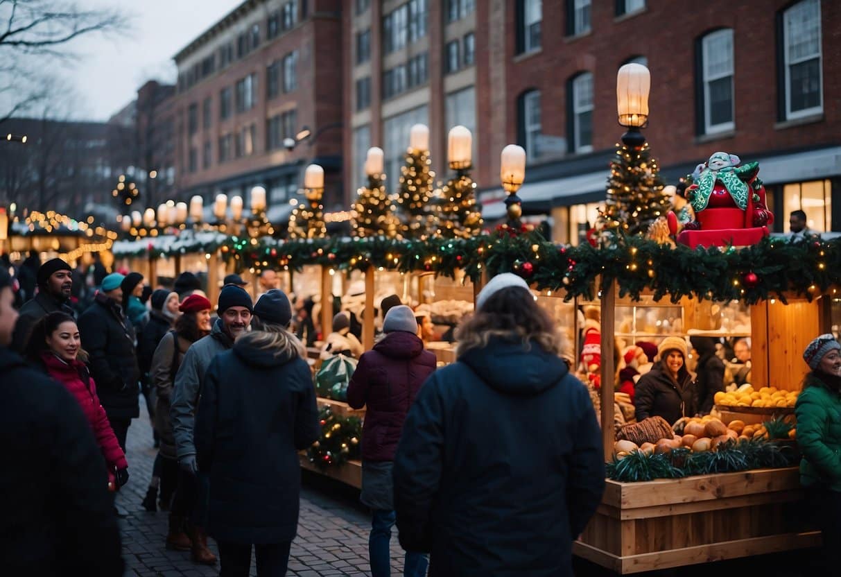 The Durham Holiday Market is bustling with festive vendors and twinkling lights. The parade features colorful floats and joyful music, creating a lively holiday atmosphere