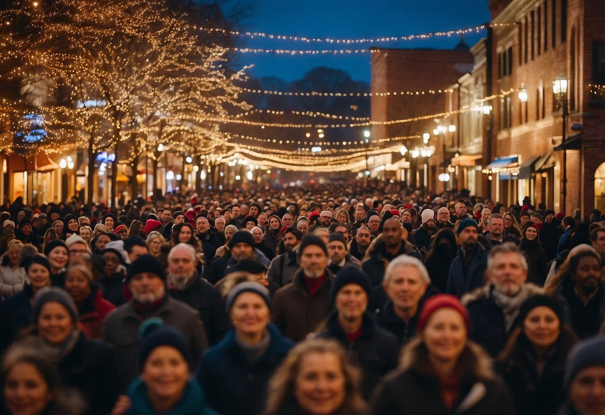 The Asheville Holiday Parade & Market bustles with festive vendors and lively entertainment, surrounded by twinkling lights and cheerful decorations