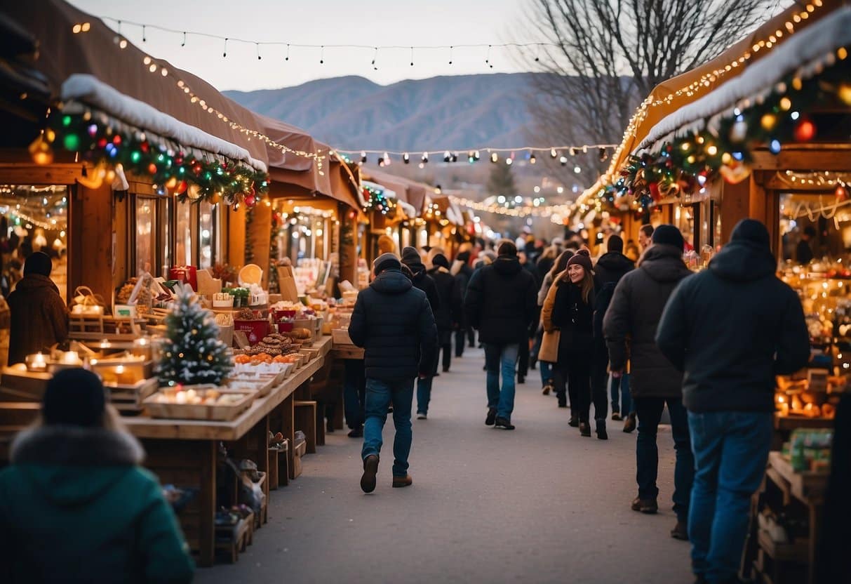 A festive scene with colorful stalls, twinkling lights, and joyful crowds browsing through handmade crafts and savoring traditional holiday treats at the top 10 Christmas markets in New Mexico