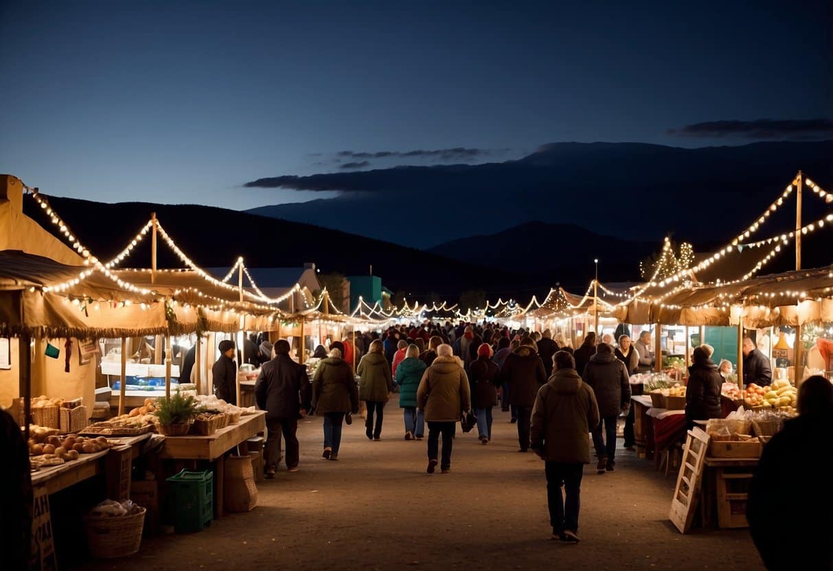 A festive market in Taos, New Mexico, with colorful stalls, twinkling lights, and merry crowds browsing for unique holiday gifts