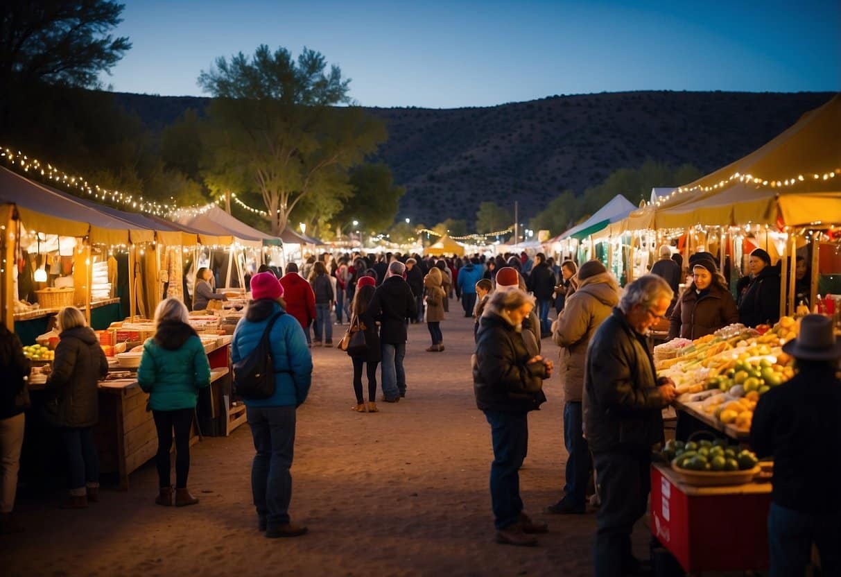 A festive market on the Pecos River with twinkling lights, colorful stalls, and holiday decorations. Visitors browse handmade crafts and sample traditional New Mexican foods