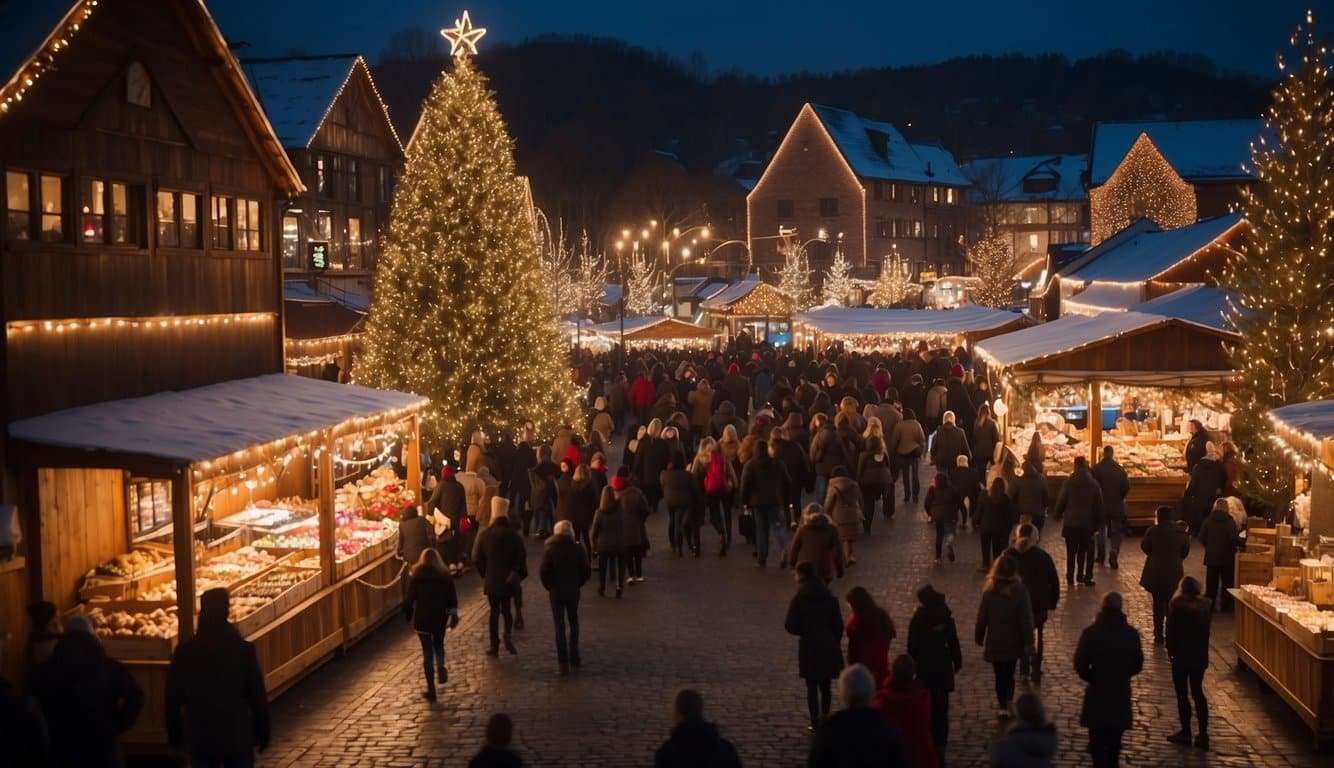 A festive market with twinkling lights, wooden stalls, and a giant Christmas tree. Families gather to enjoy holiday treats, live music, and festive decorations