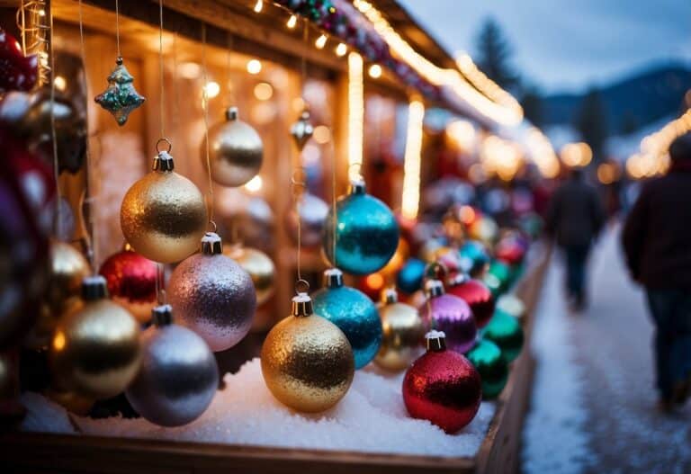 Colorful Christmas ornaments hang at a festive market stall, illuminated by string lights, with blurred shoppers in the background and snow covering the ground. Discover this magical scene at one of the Top 10 Christmas Markets in New Mexico.