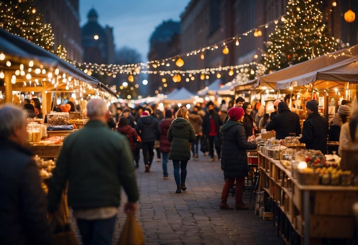 A bustling holiday market with colorful stalls, twinkling lights, and festive decorations. Shoppers browse handmade crafts and local goods while enjoying live music and seasonal treats