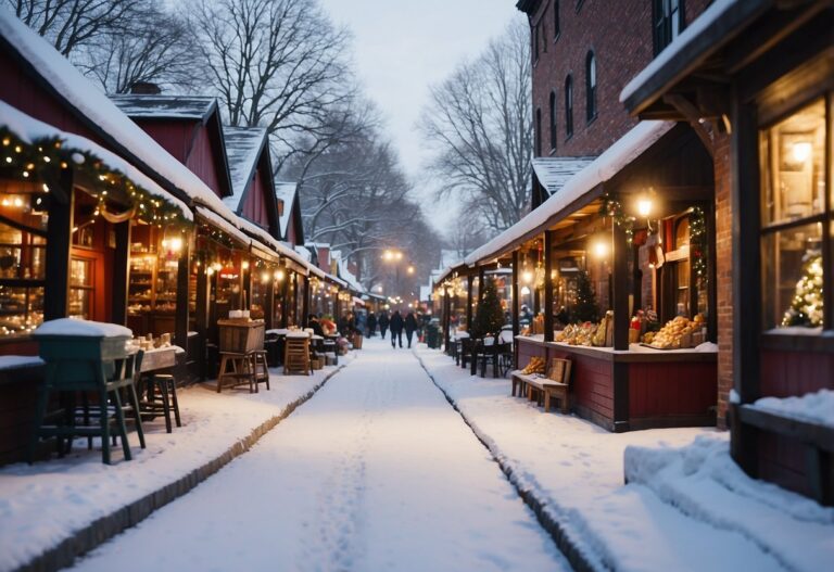 Snow-covered market street with lit lanterns, decorated stalls, and people in the distance. Trees and buildings line the avenue, creating a cozy winter atmosphere reminiscent of one of the Top 10 Christmas Markets in New Jersey.