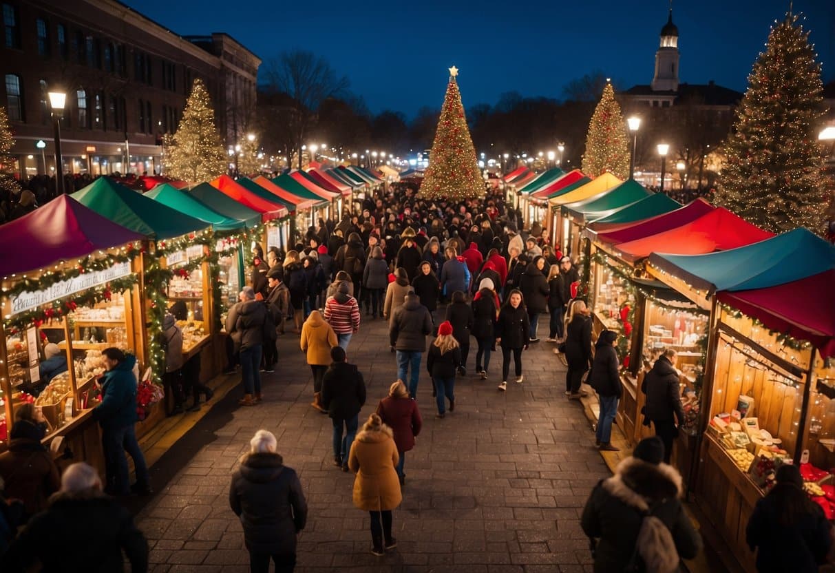 A festive scene with colorful stalls, twinkling lights, and bustling crowds at the top 10 Christmas markets in New Jersey