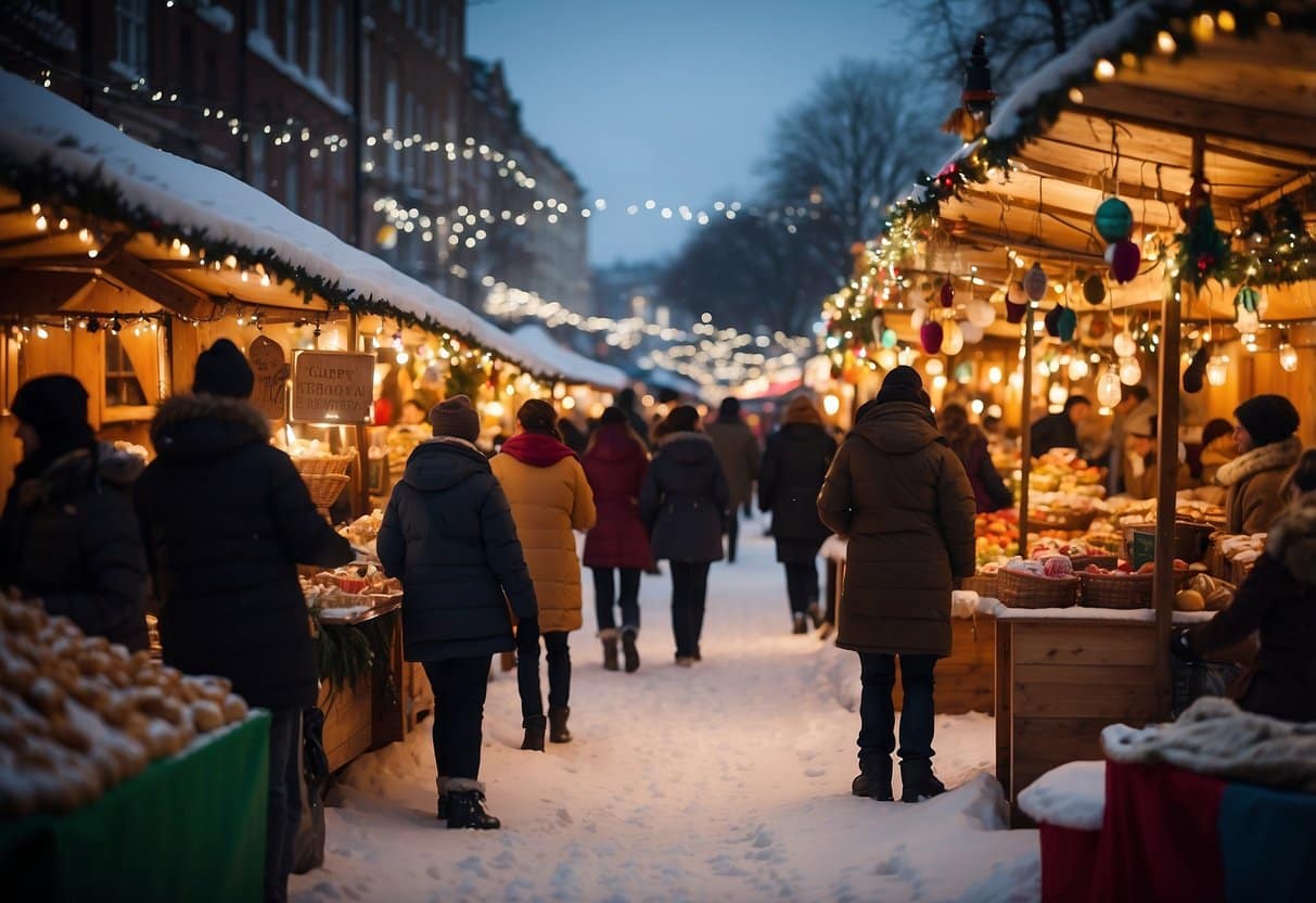 Colorful stalls line the snowy streets, adorned with twinkling lights and festive decorations. Visitors browse unique crafts and sample seasonal treats, creating a joyful atmosphere