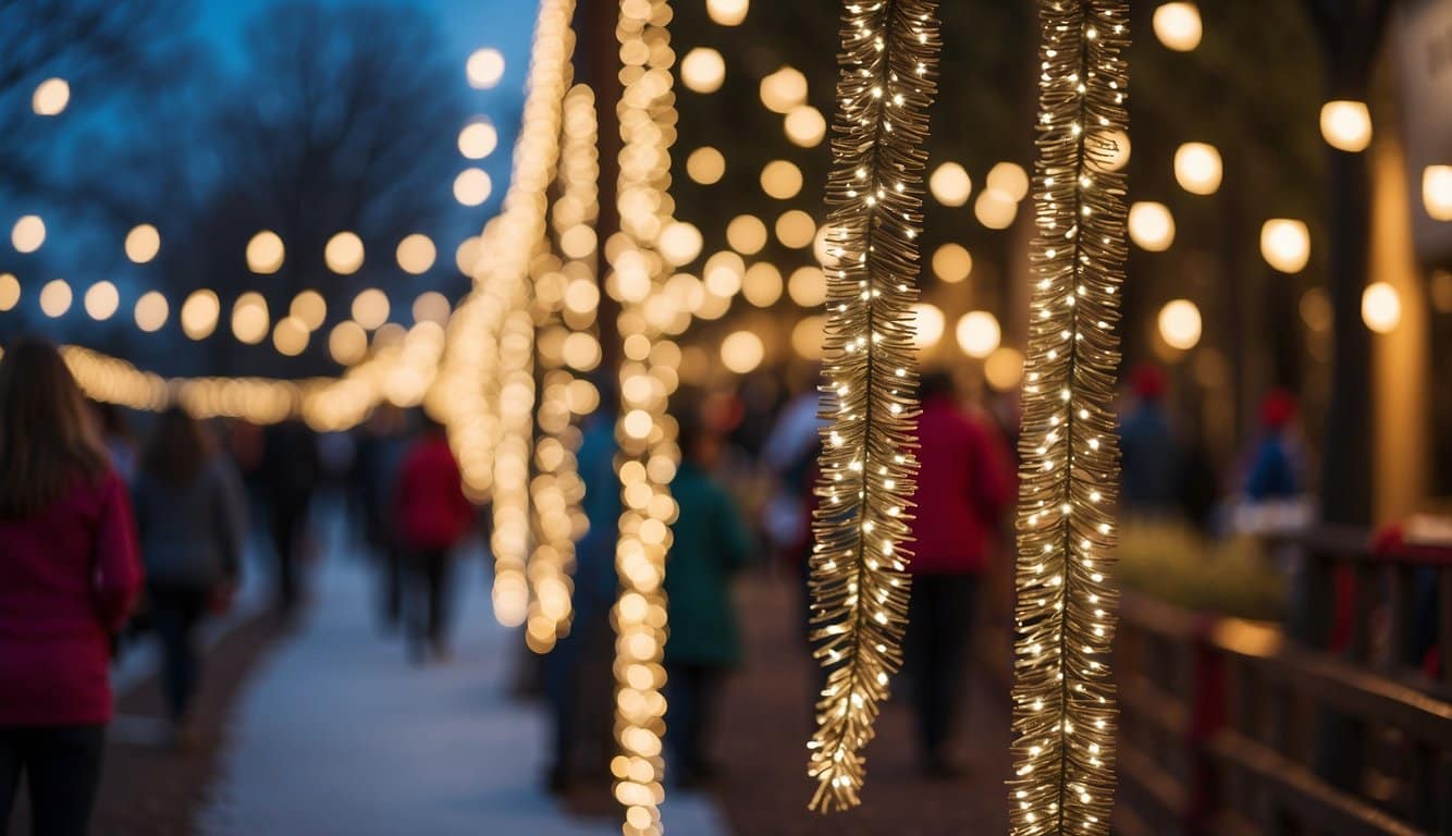 A festive Tinsel Trail in Big Spring Park, Huntsville, Alabama, with twinkling lights and unique Christmas market stalls